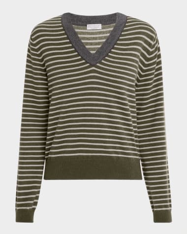 Brunello Cucinelli Striped Wool-Cashmere V-Neck Sweater