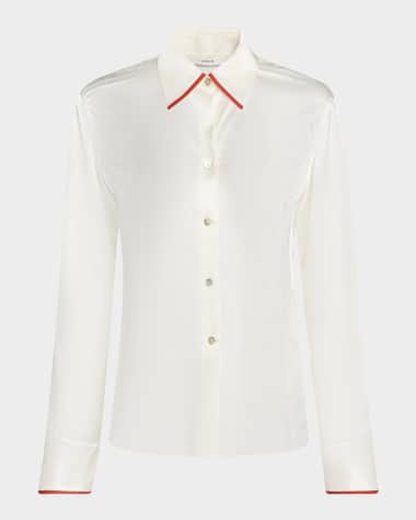 Vince Tipped Slim Silk Long-Sleeve Blouse