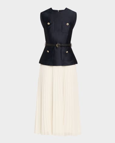 Self-Portrait Belted Mixed-Media Midi Dress