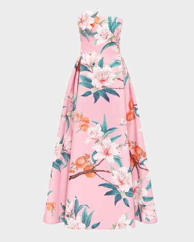 LEO LIN Nora Pleated Floral-Print Bustier Gown