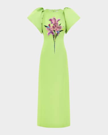 LEO LIN Lucinda Floral Sequin Puff-Sleeve Maxi Dress