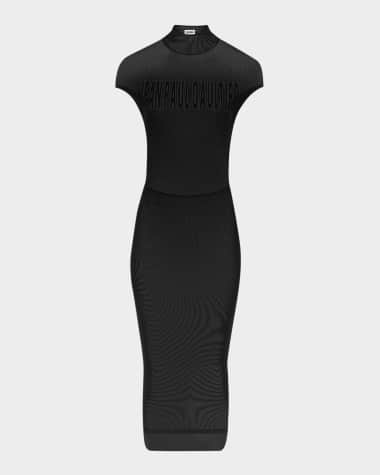 Jean Paul Gaultier Flocked Logo Mesh Cap-Sleeve Maxi Dress