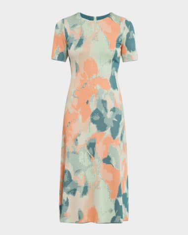 Misook Floral Knit Short-Sleeve A-Line Midi Dress