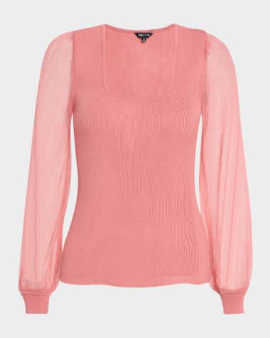 Misook Sheer-Sleeve Ribbed Knit Top