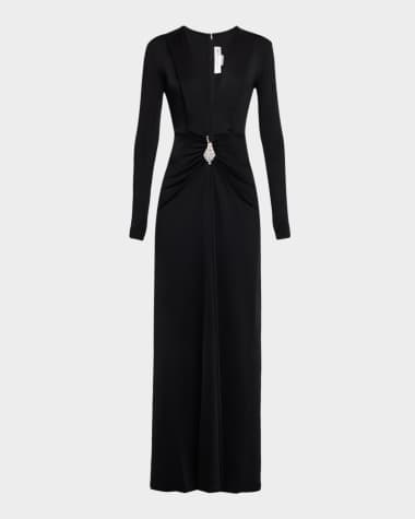 Victoria Beckham Plunging Gathered Crystal Long-Sleeve Gown