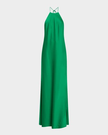 Liv Foster Low-Back Satin Halter Gown