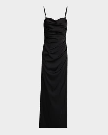 Liv Foster Pleated Side-Slit Satin Column Gown