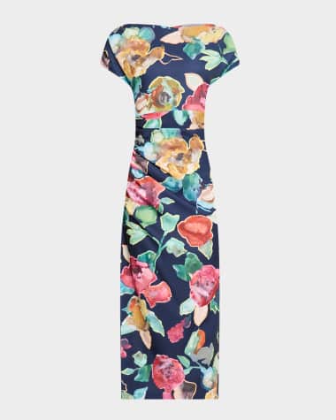 Lela Rose Floral Print Ruched Crepe Midi Dress