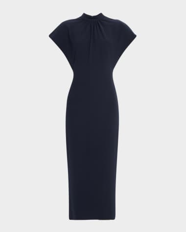 Lela Rose Stella Short-Sleeve Solid Crepe Midi Dress