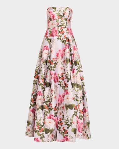 Sachin & Babi Noir Giovanna Strapless Pleated Floral-Print Gown