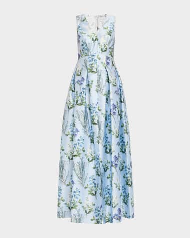 Sachin & Babi Noir Brooke Pleated Floral-Print Mikado Gown