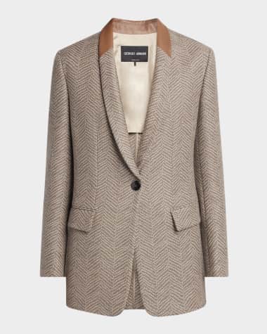Giorgio Armani Chevron Wool Single-Breasted Blazer with Leather Trim