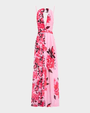 Chiara Boni La Petite Robe Pleated Floral-Print Chiffon Halter Gown