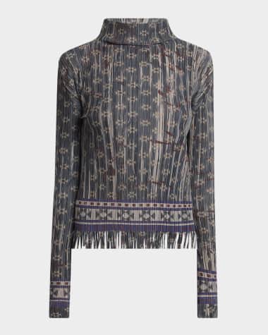 Giorgio Armani Mock-Neck Geo Jersey Plisse Fringe Top