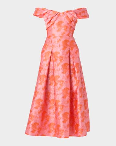 Shoshanna Tropez Off-Shoulder Floral Jacquard Midi Dress