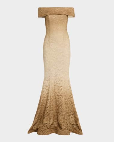 Jovani Off-Shoulder Ombre Shimmer Lace Mermaid Gown