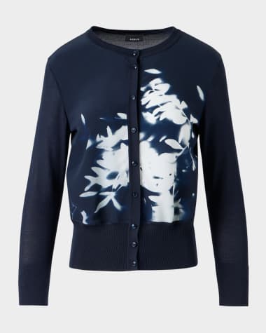 Akris Wildflower-Print Silk Panel Crewneck Cardigan