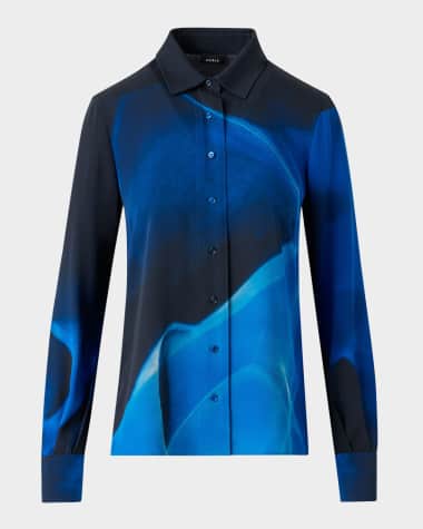 Akris Alysons Cyanotype Print Silk Button-Down Blouse
