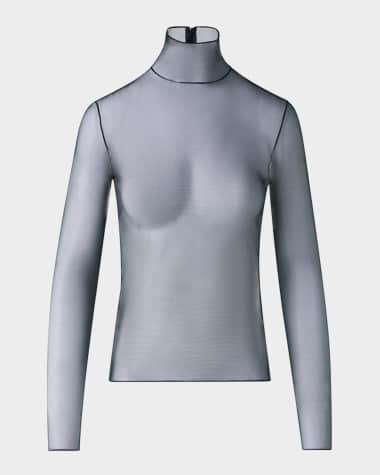 Akris Mock-Neck Stretch Tulle Fitted Long-Sleeve Shirt