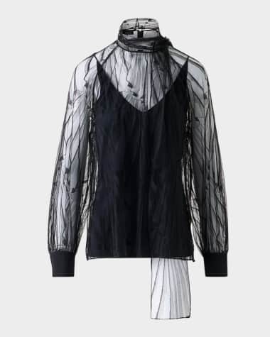Akris Long-Sleeve Flounce Lace Scarf Blouse