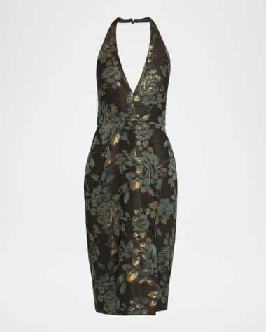 Aidan Mattox Deep V-Neck Stretch Jacquard Sheath Midi Dress