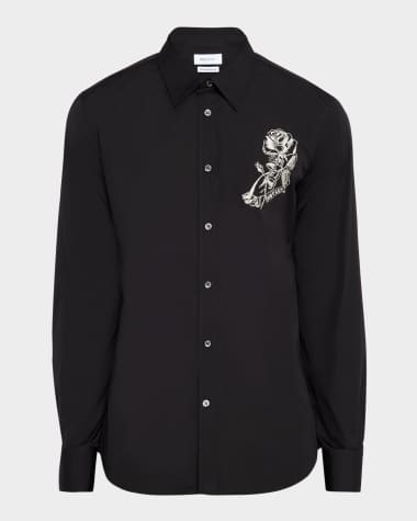 McQueen Men's Poplin Rose-Embroidered Dress Shirt
