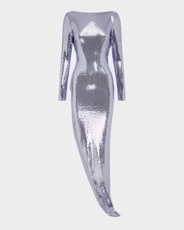 Alex Perry Sequined Mesh Long-Sleeve Draped Backless Asymmetric Gown