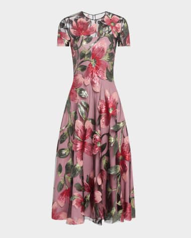 Naeem Khan Floral Matte Sequined Tulle Cap-Sleeve Cocktail Dress