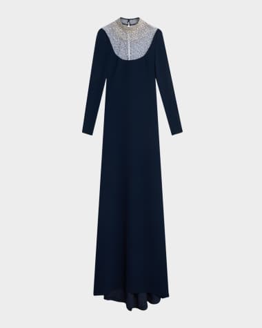 Naeem Khan Crystal Beaded Crepe Long-Sleeve Illusion Gown