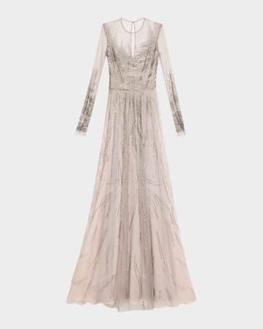 Naeem Khan Abstract Beaded Long-Sleeve Illusion Gown
