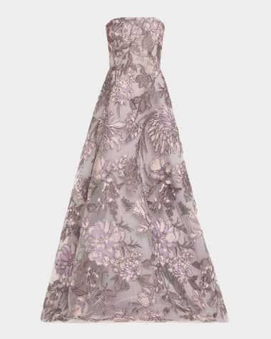 Naeem Khan Strapless Floral Raffia Embroidered Gown