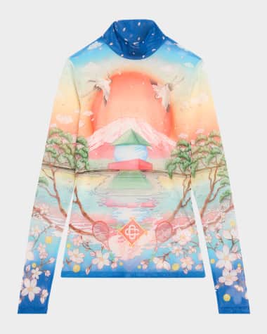 CASABLANCA Mock-Neck Printed Mesh Long-Sleeve Top