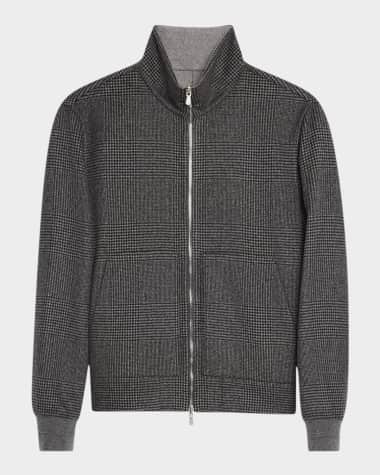 Brunello Cucinelli Men's Reversible Cashmere Plaid Full-Zip Bomber Jacket