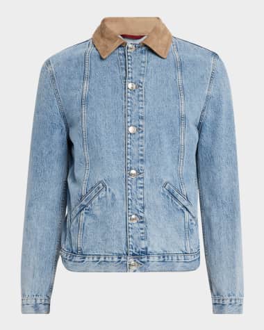 Brunello Cucinelli Men's Suede-Collar Light Wash Denim Jacket