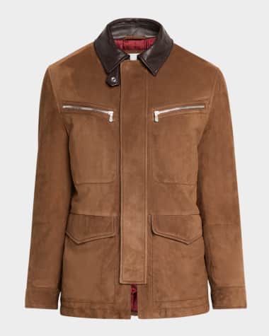Brunello Cucinelli Men's Suede Leather-Collar Full-Zip Car Coat