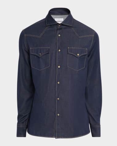 Brunello Cucinelli Men's Denim Snap-Front Western Shirt