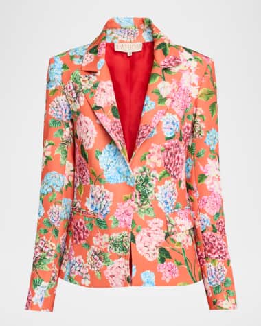 La Fuori Hand-Painted Hydrangea Print Single-Breasted Blazer