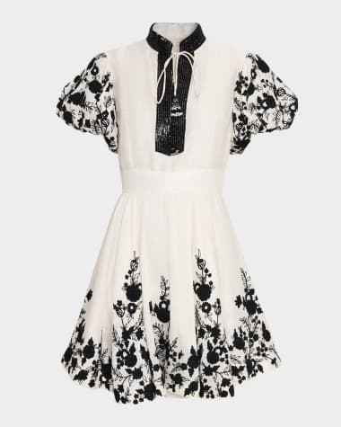 La Fuori Dori Embroidered Organza Puff-Sleeve Mini Dress