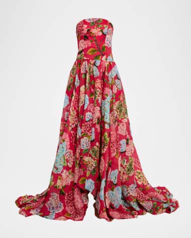 La Fuori Hydrangea-Print Silk Organza Drop-Waist Gown