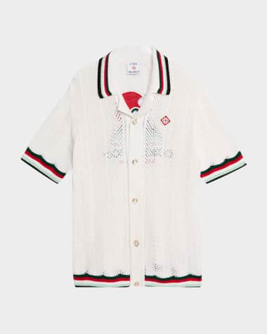 CASABLANCA Men's Faux Crochet Stripe-Trim Short-Sleeve Shirt