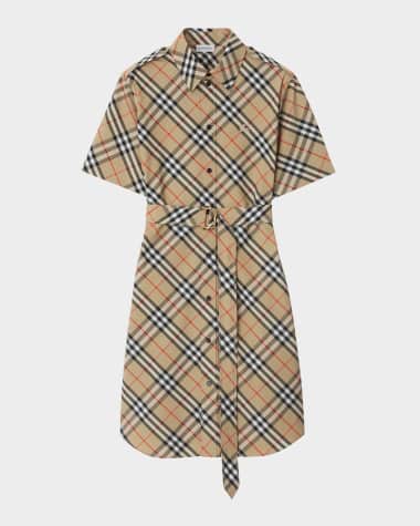 Burberry Check Short-Sleeve Belted Mini Shirtdress