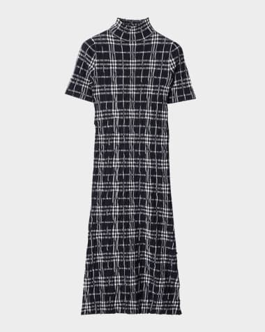 Burberry Check Short-Sleeve Crinkle Midi Dress