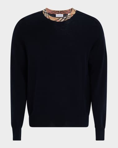 Burberry Men's Wool Knit Check-Trim Crewneck Sweater