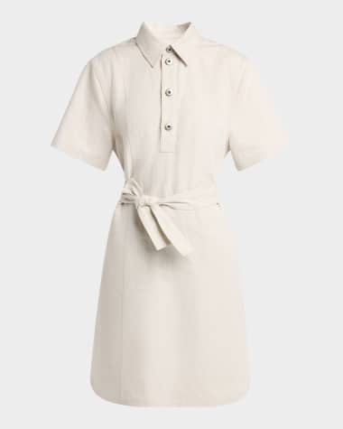 Bottega Veneta Short-Sleeve Belted Cotton-Linen Twill Mini Shirtdress