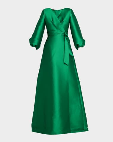 Reem Acra Bishop-Sleeve Mikado Pique Wrap Gown