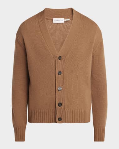 Moncler Men's Leather Logo Wool Knit Cardigan