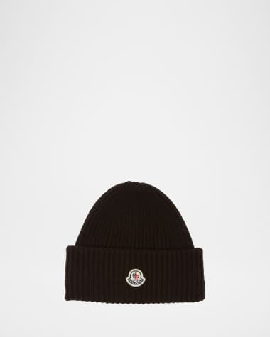 Moncler Men's Cashmere and Wool Rib Logo Beanie Hat