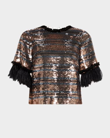 DOROTHEE SCHUMACHER Sparkling Shine Feather-Cuff Sequin Blouse