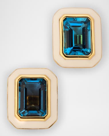 Goshwara Queen 18K Yellow Gold London Blue Topaz Stud Earrings with White Enamel