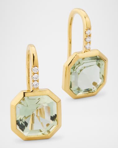 Goshwara Gossip 18K Yellow Gold Prasiolite Asscher Cut French Wire Earrings with Diamonds